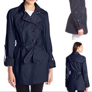 Sam Edelman Navy Crochet Trim Trench Rain Coat